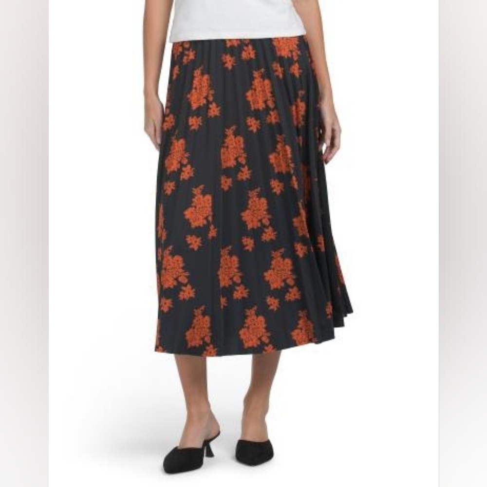 NWT-Nanette Lepore Black/Salsa Floral Printed Pleated Stretch Midi Skirt-Size XL